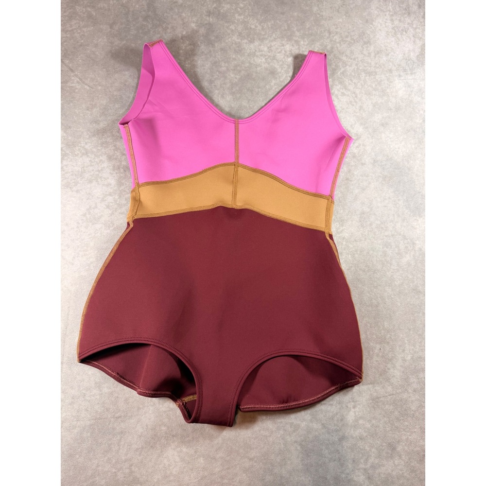 Seea Sali One Piece Swimsuit Colorblock Pink Burgundy Tan V-Back Surf Suit Small